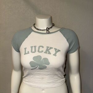 Lucky Brand Women's Green and White Raglan Top